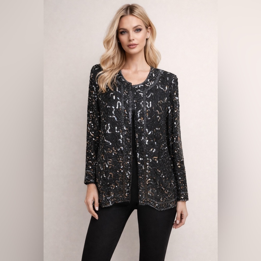 100% Silk Sequin Beaded Jacket Top Black Hook And Eye Front Size Medium Elegant